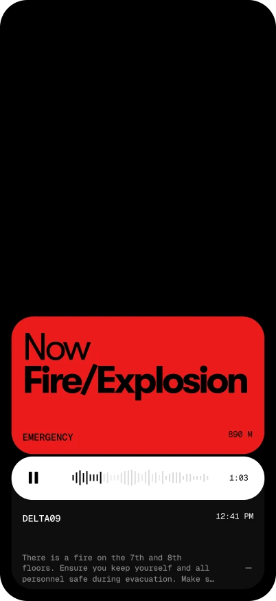 OnSiren crisis broadcast: a Fire/Explosion emergency pushed to every team member at once