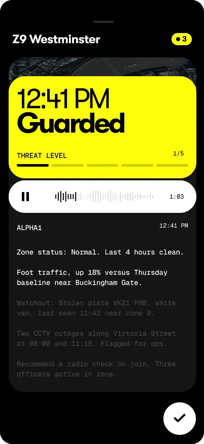 OnSiren Alpha One zone status and briefing screen